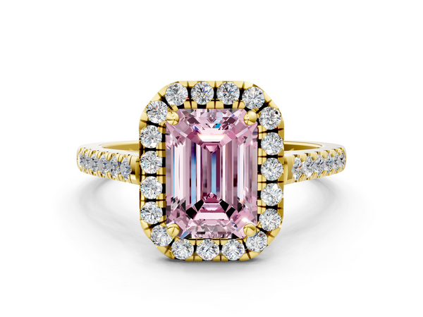 Yellow gold Fancy Pink Emerald  Halo Pavé Diamond Engagement Ring with Four-Prong Setting