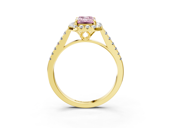 Yellow gold Fancy Pink Emerald  Halo Pavé Diamond Engagement Ring with Four-Prong Setting
