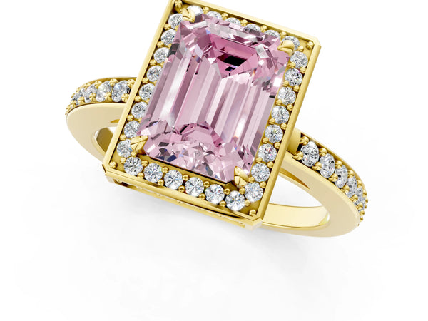 Yellow gold Fancy Pink Emerald  Halo Pave Band Solitaire Ring with Prong Setting