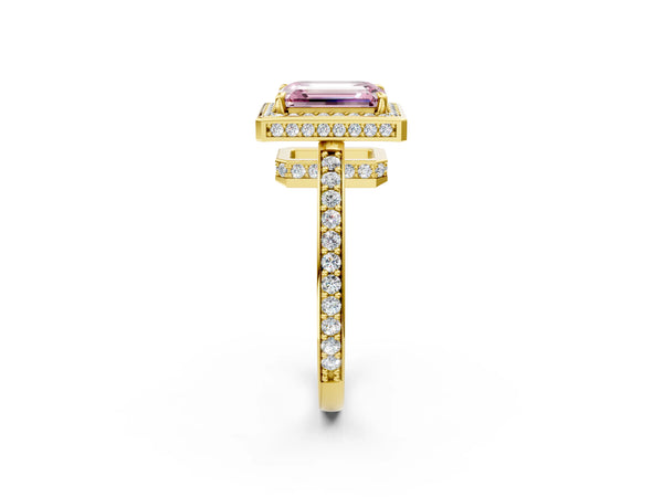 Yellow gold Fancy Pink Emerald  Halo Pave Band Solitaire Ring with Prong Setting