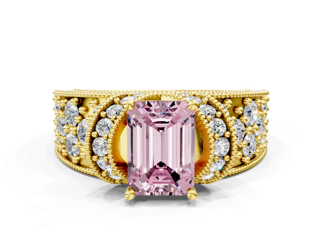 Yellow gold Fancy Pink Emerald  Halo Pave Diamond Engagement Ring with Milgrain Detailing_50