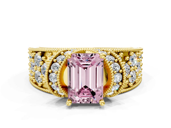 Yellow gold Fancy Pink Emerald  Halo Pave Diamond Engagement Ring with Milgrain Detailing