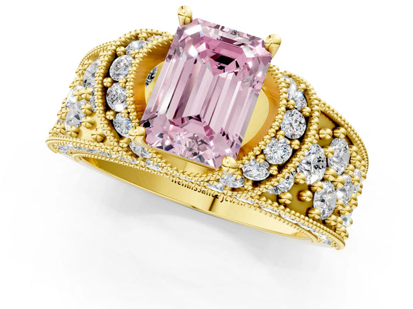 Yellow gold Fancy Pink Emerald  Halo Pave Diamond Engagement Ring with Milgrain Detailing