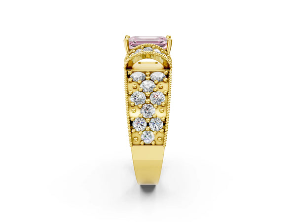 Yellow gold Fancy Pink Emerald  Halo Pave Diamond Engagement Ring with Milgrain Detailing