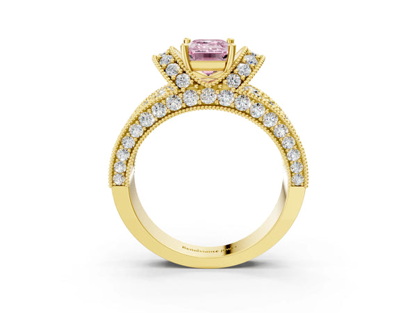 Yellow gold Fancy Pink Emerald  Halo Pave Diamond Engagement Ring with Milgrain Detailing
