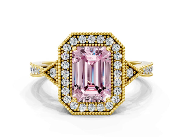 Yellow gold Fancy Pink Emerald  Halo Round Diamond Milgrain Pave Engagement Ring