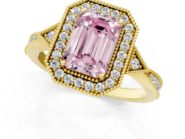 Yellow gold Fancy Pink Emerald  Halo Round Diamond Milgrain Pave Engagement Ring