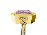 Yellow gold Fancy Pink Emerald  Halo Round Diamond Milgrain Pave Engagement Ring_8