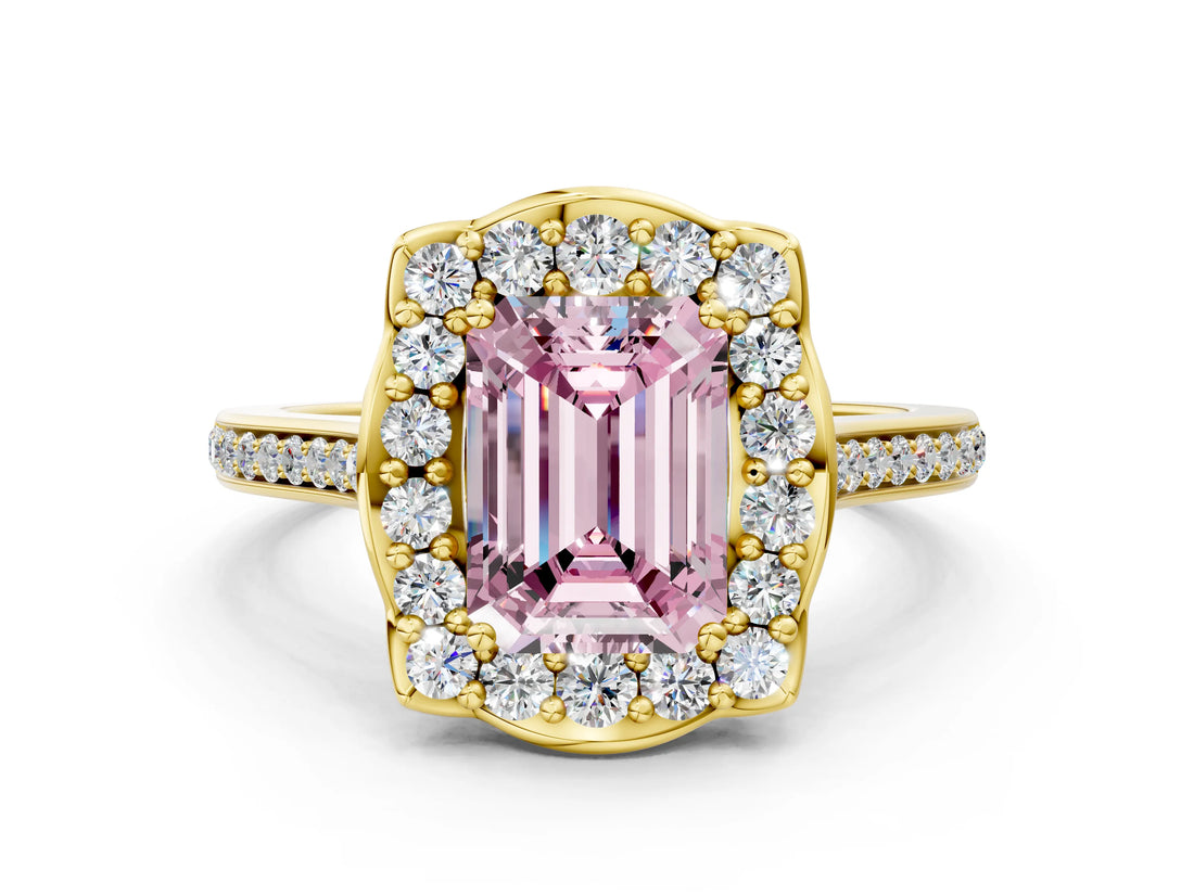 Yellow gold Fancy Pink Emerald  Halo Round Diamond Pave Band with Four-Prong Setting_38