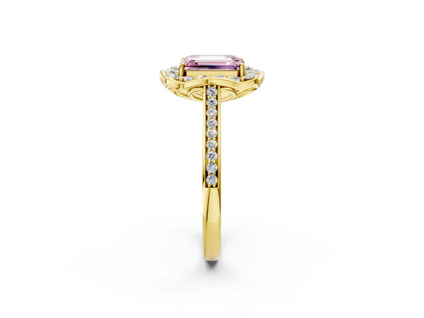 Yellow Gold Emerald Cut Petal-Tip Halo Pave Engagement Ring Setting for Fancy Pink Center