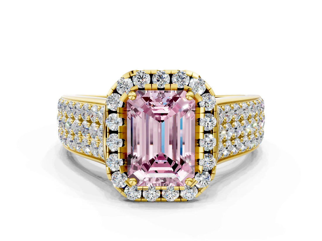 Yellow gold Fancy Pink Emerald  Halo Round Diamond Pave Band with Prong Setting 1