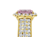 Yellow gold Fancy Pink Emerald  Halo Round Diamond Pave Band with Prong Setting