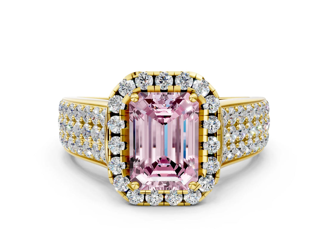 Yellow gold Fancy Pink Emerald  Halo Round Diamond Pave Band with Prong Setting_26