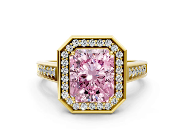 Yellow gold Fancy Pink Emerald  Halo Solitaire Diamond Ring with Pave Band and Bezel Setting