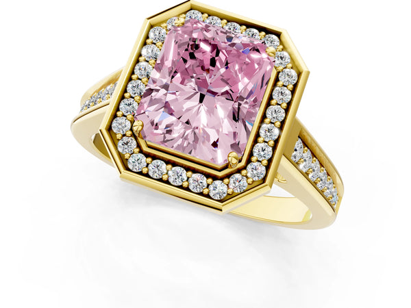 Yellow gold Fancy Pink Emerald  Halo Solitaire Diamond Ring with Pave Band and Bezel Setting