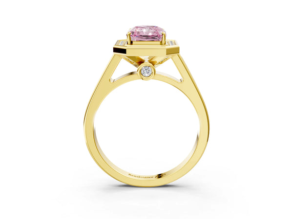 Yellow gold Fancy Pink Emerald  Halo Solitaire Diamond Ring with Pave Band and Bezel Setting