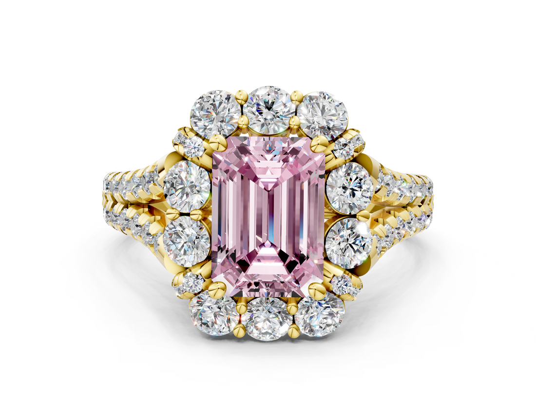 Yellow gold Fancy Pink Emerald  Halo Split Shank Diamond Engagement Ring with Pave Band and Four-Prong Setting_54