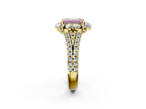 Yellow gold Fancy Pink Emerald  Halo Split Shank Diamond Engagement Ring with Pave Band and Four-Prong Setting_56