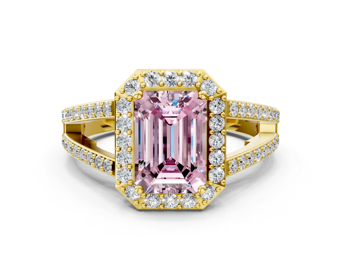 Yellow gold Fancy Pink Emerald  Halo Split Shank Diamond Ring with Four-Prong Setting_32