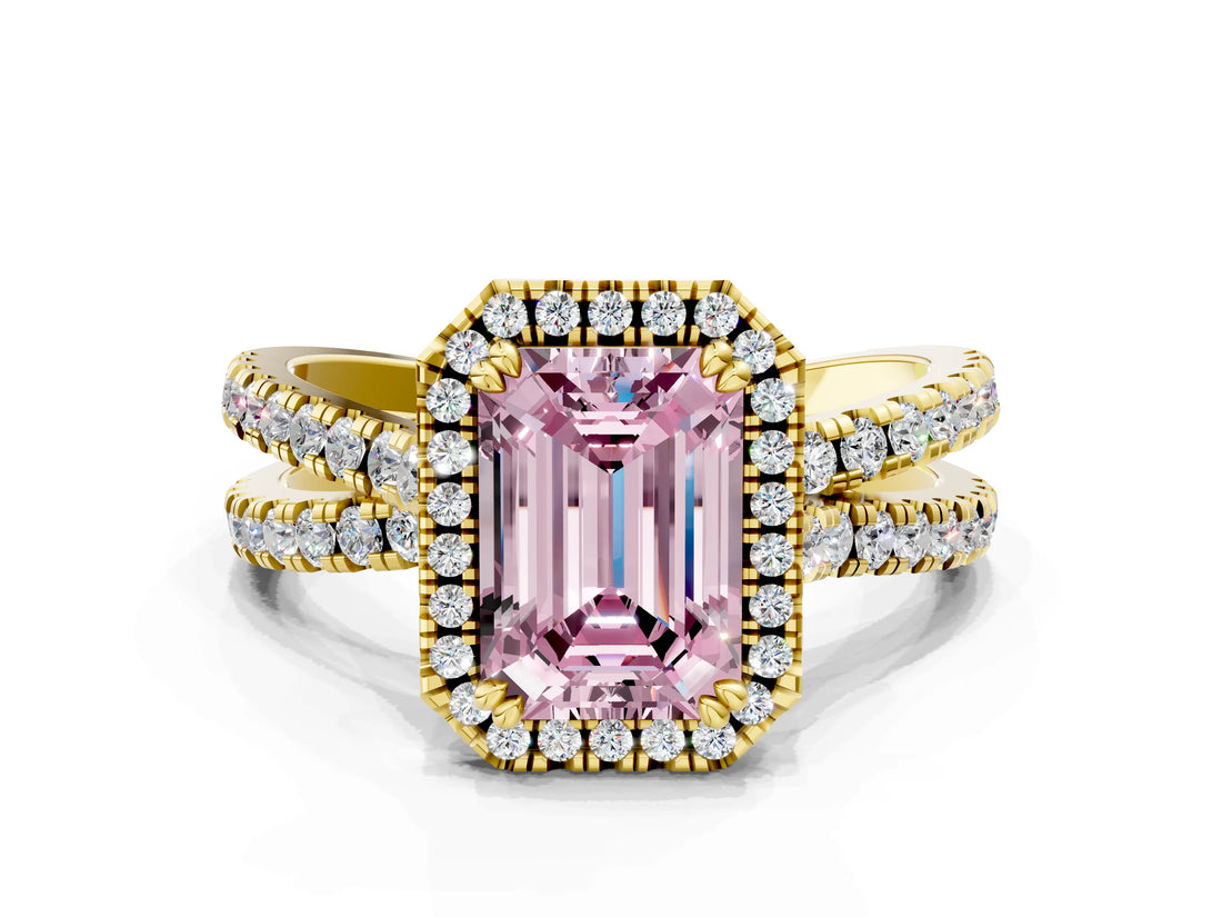 Yellow gold Fancy Pink Emerald  Halo Split Shank Diamond Ring with Pavé Setting_26