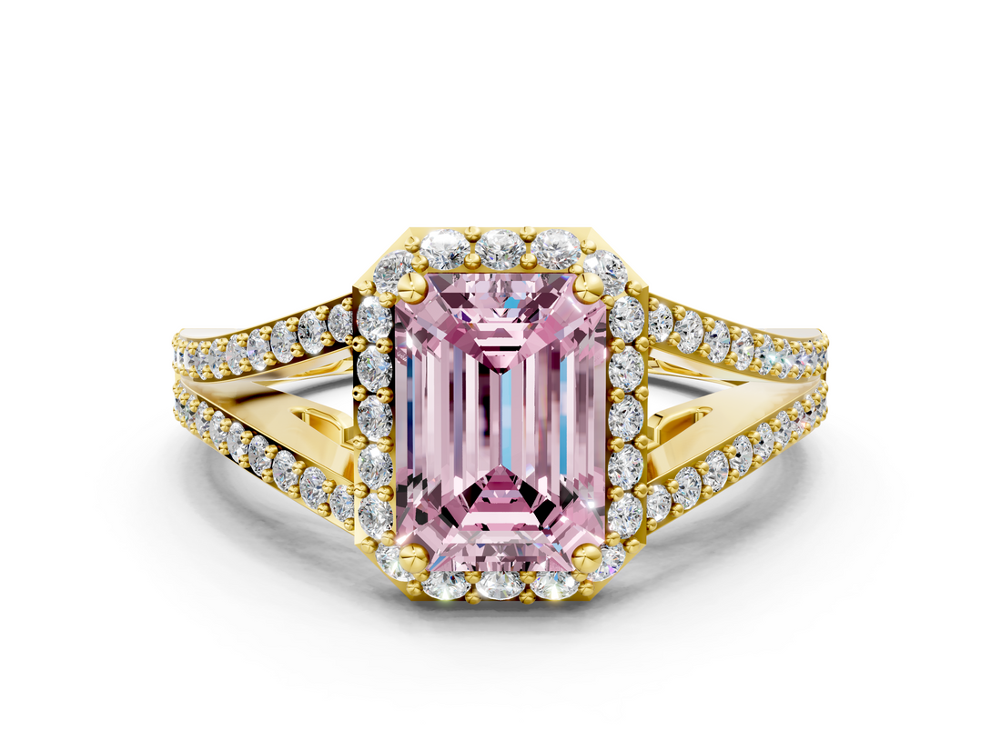 Yellow gold Fancy Pink Emerald  Halo Split Shank Diamond Ring with Prong Setting_23