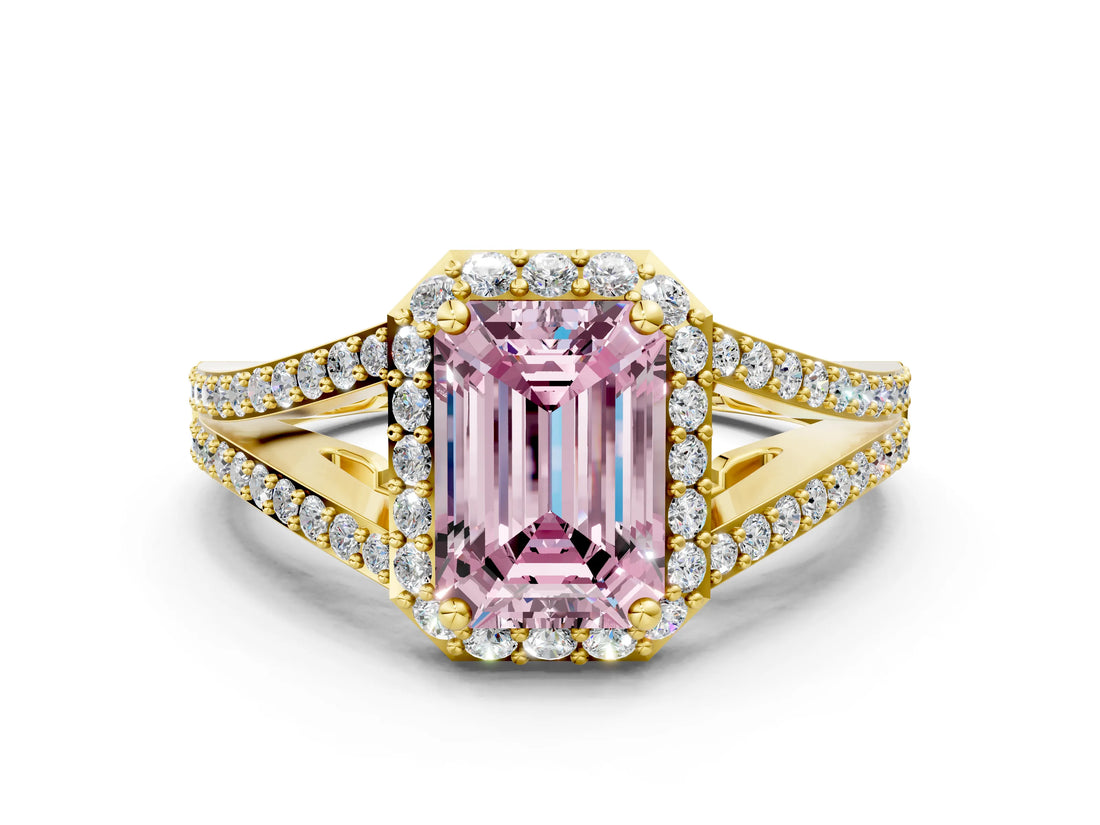 Yellow gold Fancy Pink Emerald  Halo Split Shank Pave Diamond Ring with Four-Prong Setting_49