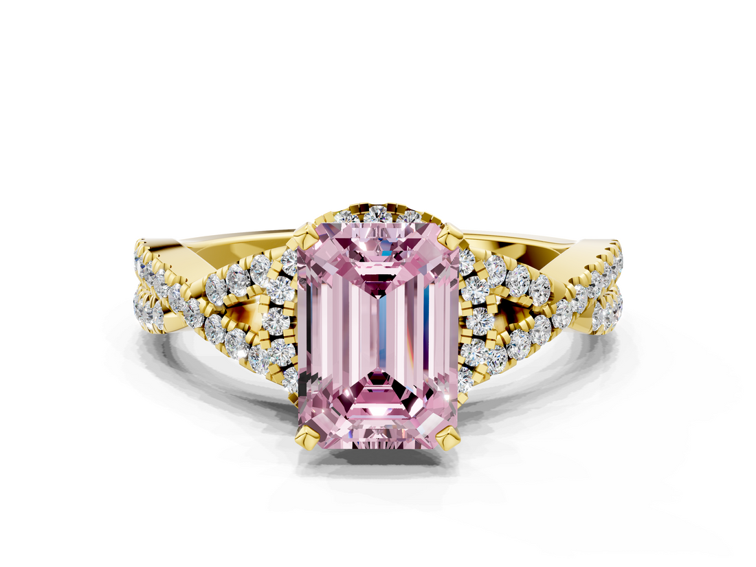 Yellow gold Fancy Pink Emerald  Halo Twist Band Solitaire Prong Setting Ring_47