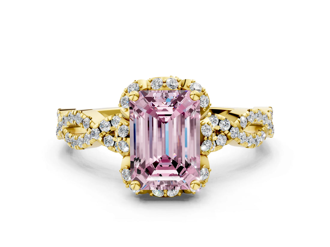 Yellow gold Fancy Pink Emerald  Halo Twist Band Solitaire Ring with Six-Prong Setting_33