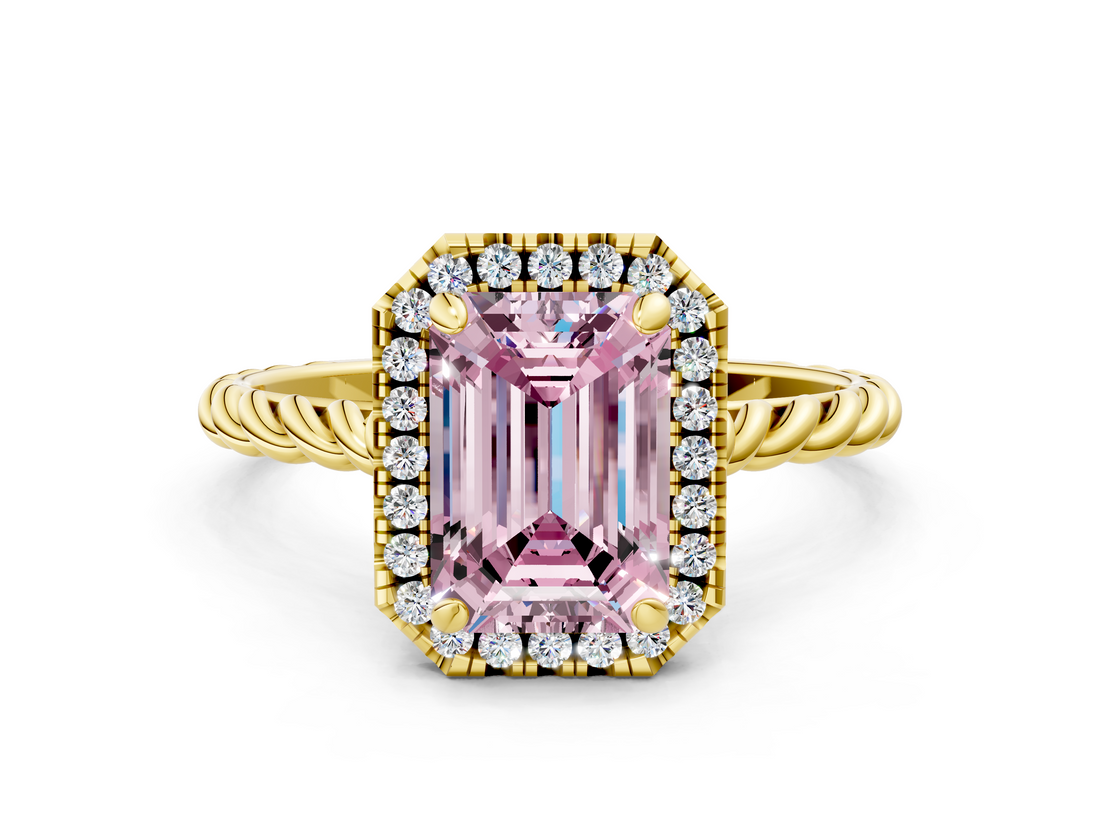 Yellow gold Fancy Pink Emerald  Halo Twisted Band Four-Prong Diamond Ring_20