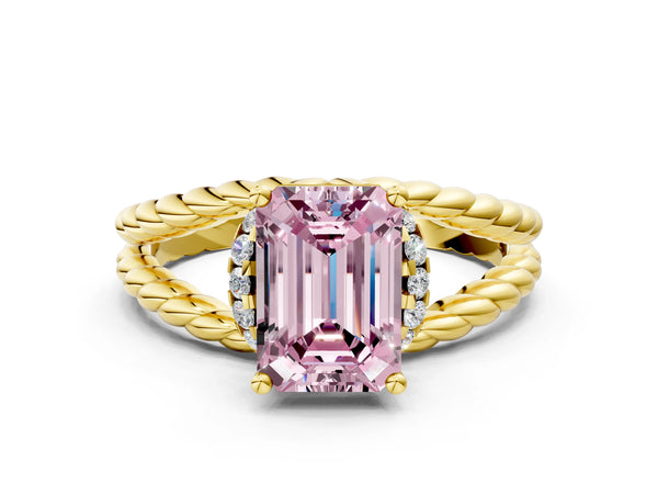 Yellow gold Fancy Pink Emerald  Halo Twisted Band Four-Prong Ring