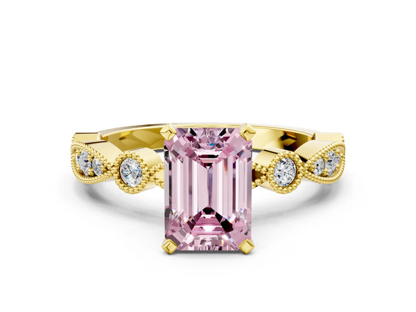 Yellow gold Fancy Pink Emerald  Milgrain Bezel Diamond Engagement Ring with Solitaire Prong Setting