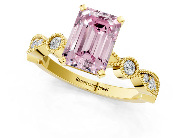 Yellow gold Fancy Pink Emerald  Milgrain Bezel Diamond Engagement Ring with Solitaire Prong Setting