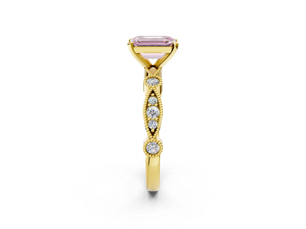 Yellow gold Fancy Pink Emerald  Milgrain Bezel Diamond Engagement Ring with Solitaire Prong Setting