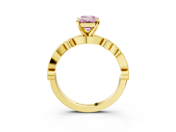 Yellow gold Fancy Pink Emerald  Milgrain Bezel Diamond Engagement Ring with Solitaire Prong Setting