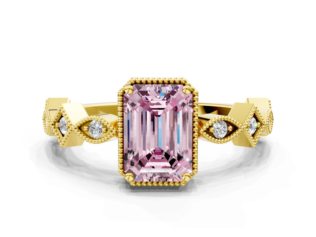 Yellow gold Fancy Pink Emerald  Milgrain Marquise Diamond Twist Band Ring_62