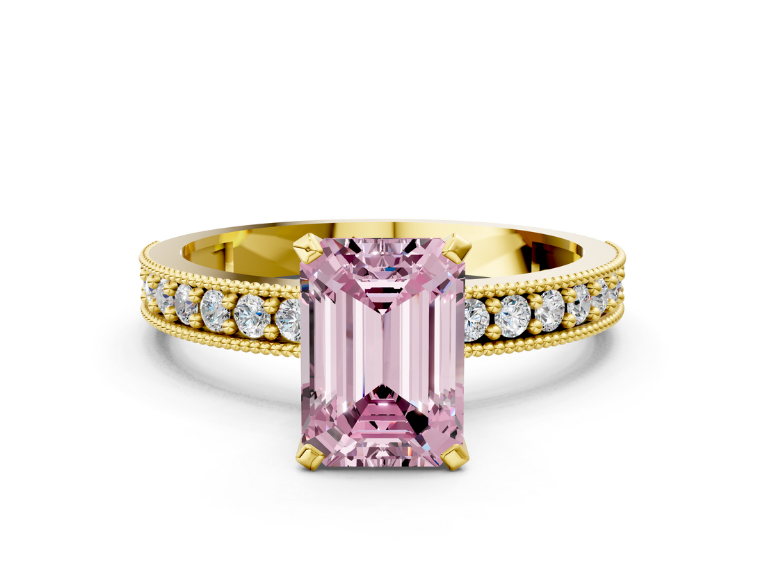 Yellow gold Fancy Pink Emerald  Milgrain Pave Diamond Engagement Ring with Four-Prong Setting_135