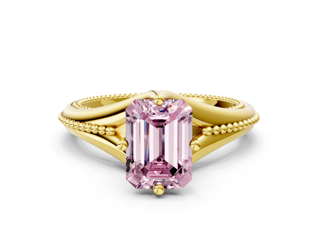 Yellow gold Fancy Pink Emerald  Solitaire Beaded Band Six-Prong Setting