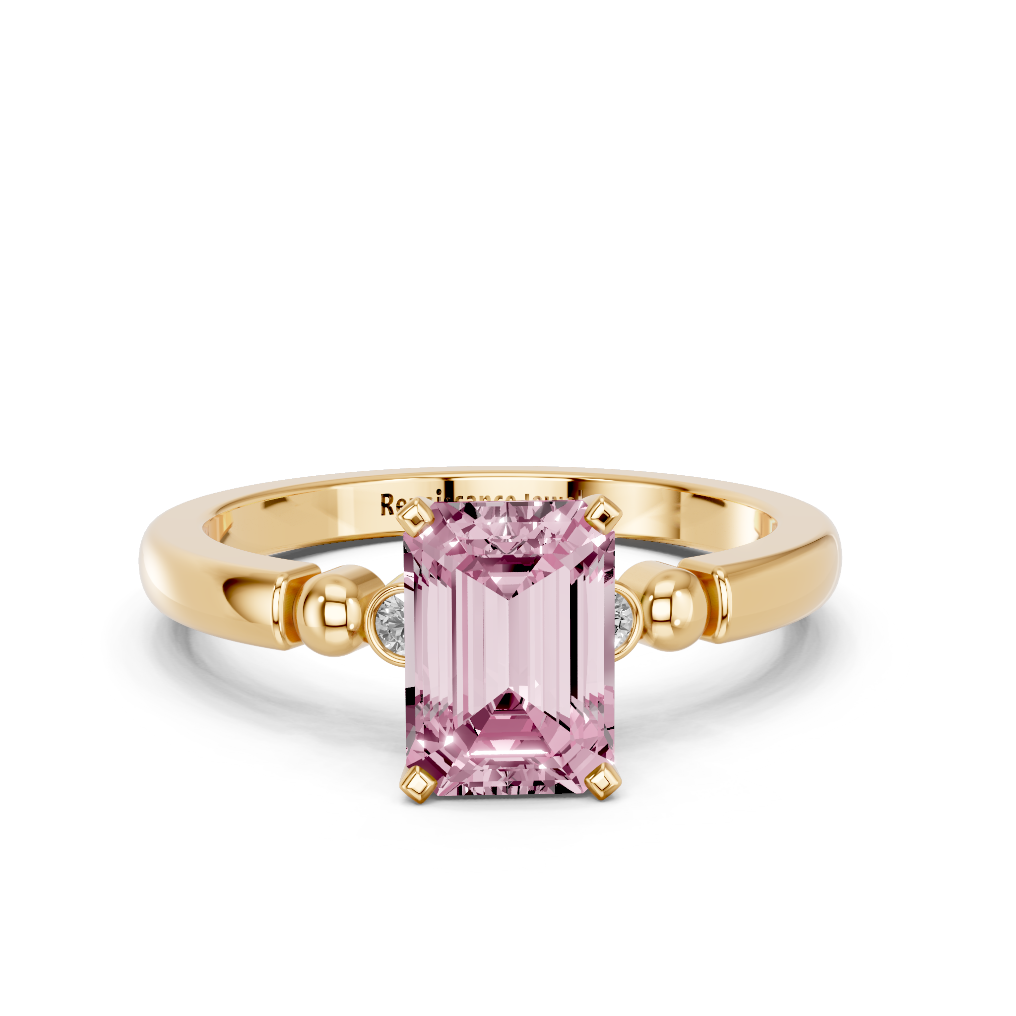 Yellow gold Fancy Pink Emerald  Solitaire Beaded Band with Four-Prong Setting_11