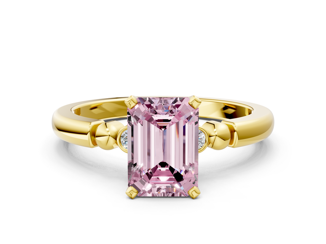 Yellow gold Fancy Pink Emerald  Solitaire Beaded Band with Four-Prong Setting_28