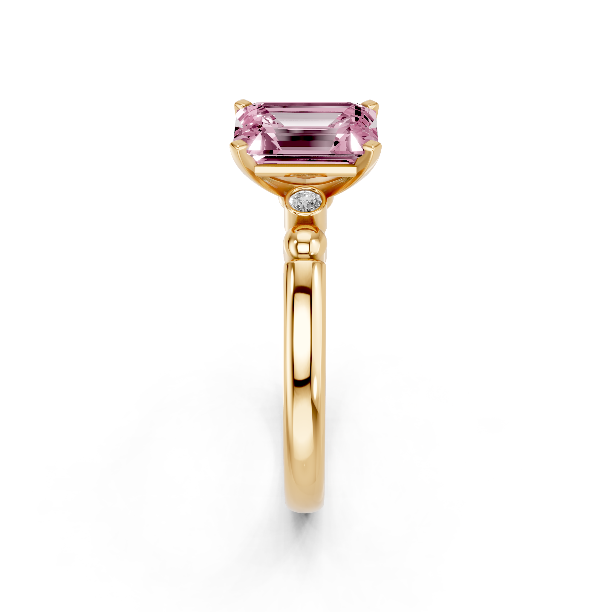 Yellow gold Fancy Pink Emerald  Solitaire Beaded Band with Four-Prong Setting_4