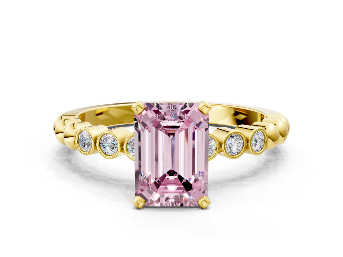 Yellow gold Fancy Pink Emerald  Solitaire Bezel Accent Diamond Engagement Ring with Beaded Band and Four-Prong Setting_53