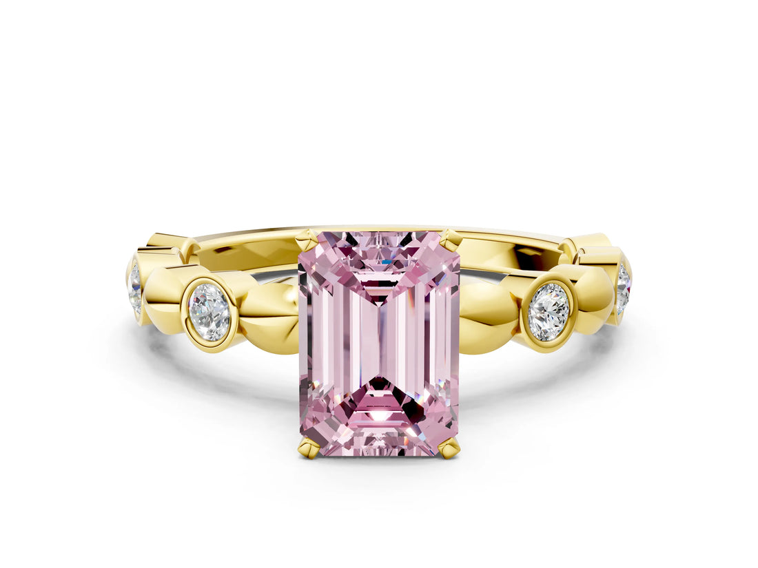 Yellow gold Fancy Pink Emerald  Solitaire Bezel-Set Diamond Ring with Beaded Band and Four-Prong Setting_31