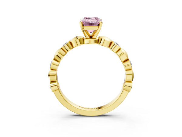 Yellow Gold Emerald Cut Engagement Ring Setting for Fancy Pink Center with Bezel Station Beaded Band