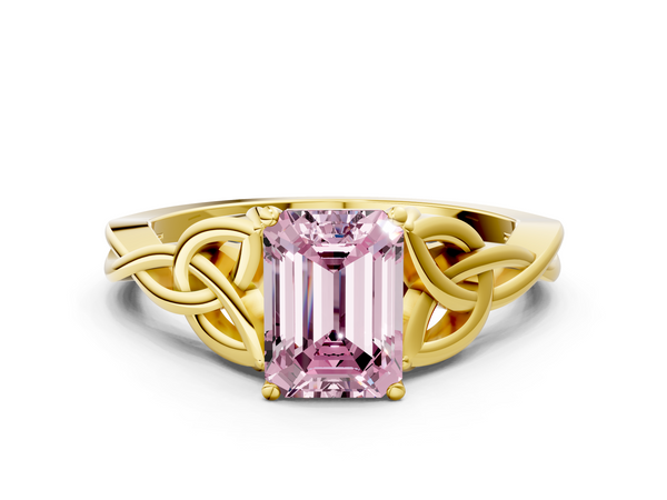 Yellow gold Fancy Pink Emerald Cut Diamond Solitaire Engagement Ring with Celtic Knot Band and Four-Prong Setting