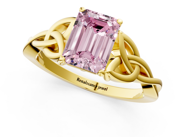 Yellow gold Fancy Pink Emerald Cut Diamond Solitaire Engagement Ring with Celtic Knot Band and Four-Prong Setting