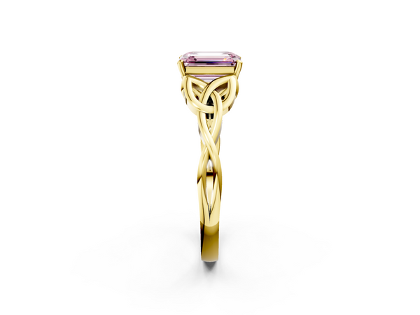 Yellow gold Fancy Pink Emerald Cut Diamond Solitaire Engagement Ring with Celtic Knot Band and Four-Prong Setting