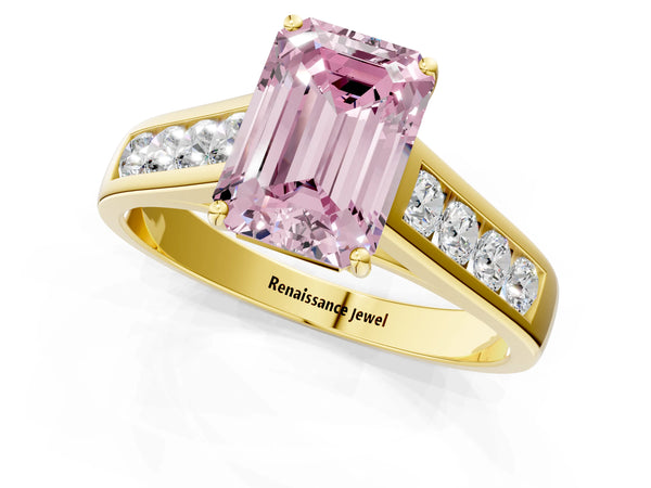 Yellow gold Fancy Pink Emerald  Solitaire Channel-Set Diamond Engagement Ring with Four-Prong Setting