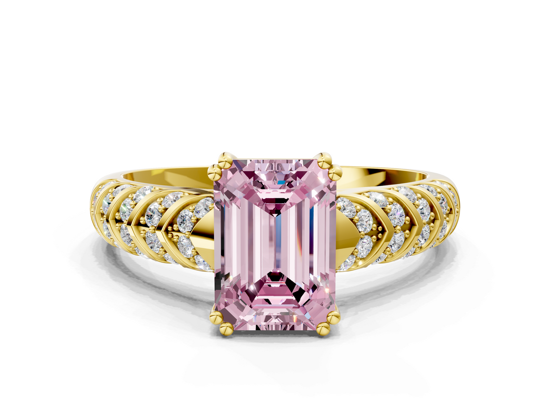Yellow gold Fancy Pink Emerald  Solitaire Chevron Pave Diamond Engagement Ring with Six-Prong Setting_3