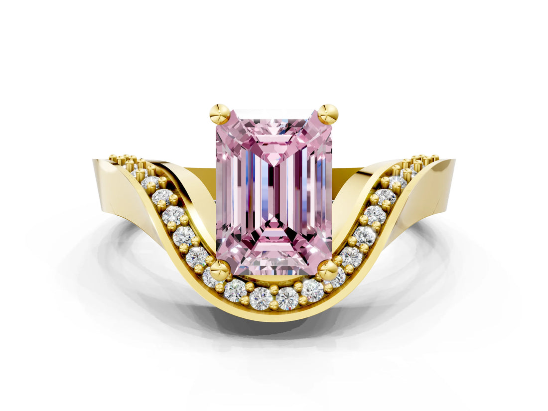 Yellow gold Fancy Pink Emerald  Solitaire Diamond Engagement Ring with Pave Band and Four-Prong Setting