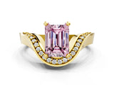 Yellow gold Fancy Pink Emerald  Solitaire Diamond Engagement Ring with Pave Band and Four-Prong Setting